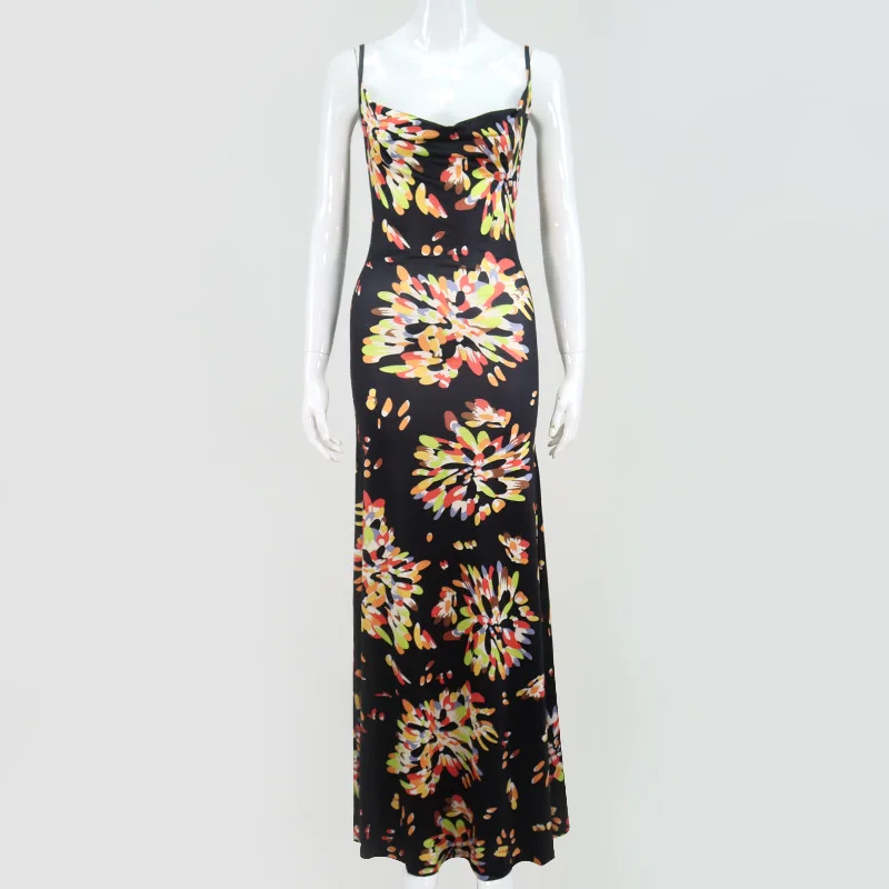 

Women Sexg Spaghetti Strap Maxi Dress Women's Slip Dress Floral Print Backless For Party Club Beach Long Dresses Fall