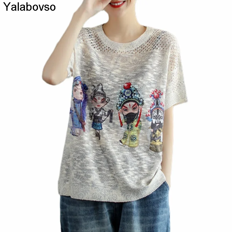 

Summer Retro Opera Face Printing Cotton Knitted Short Sleeve T-shirt Women's Art Loose Hollow Out Tops For Female O Neck