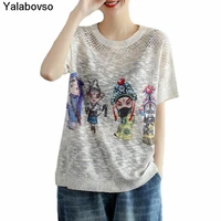 summer retro opera face printing cotton knitted short sleeve t shirt womens art loose hollow out tops for female o neck