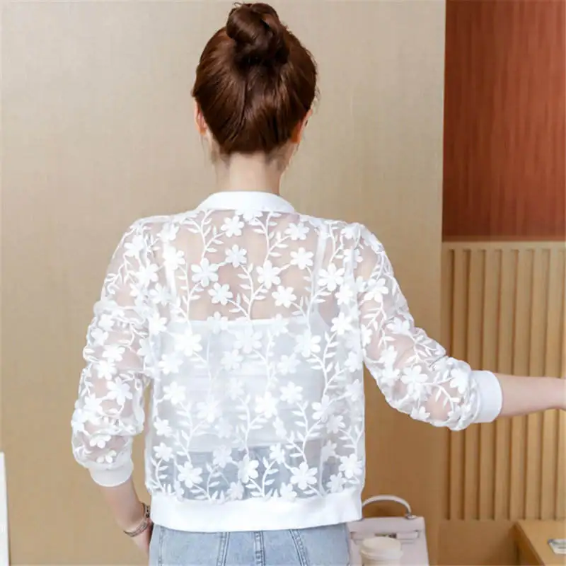 

Summer Lace Mesh Thin Short Jacket Women Sunscreen Zipper Fashion Jacket Women O-Neck Casual White Coat Jaqueta Feminina C6415