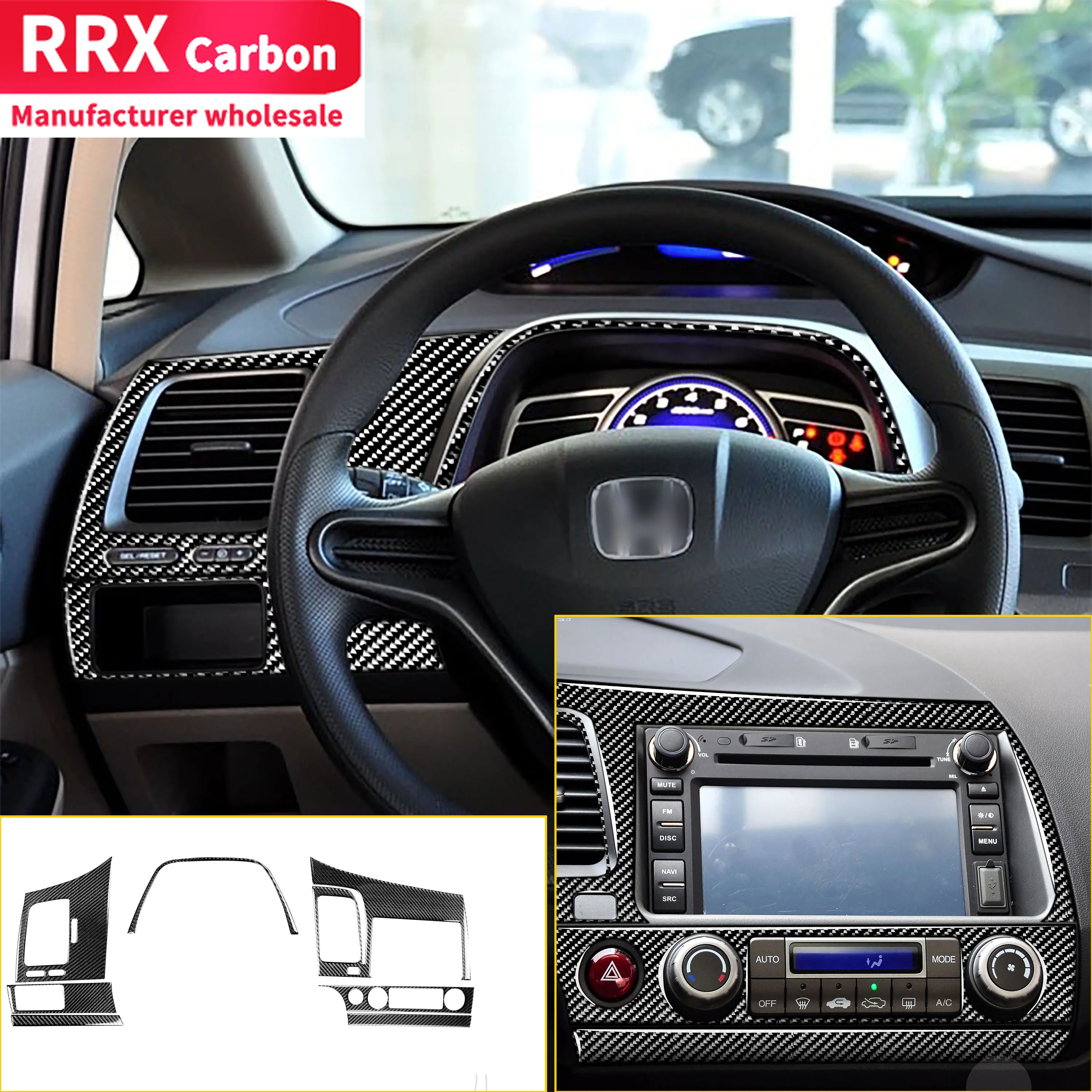 

RRX for Honda Civic 8th Gen 2006-11 Carbon Fiber Dashboard Center Console Radio CD AC Panel Air Vents Cover Sticker Kit Interior