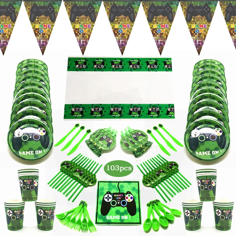 

103pcs Green Game On Cartoon Paper Cup Plate Napkin Tablecloth Birthday Party Decorations Supplies Disposable Tableware Set