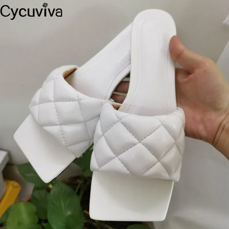 Шлепанцы женские с квадратным носком кожа Ромб плоская подошва Классические