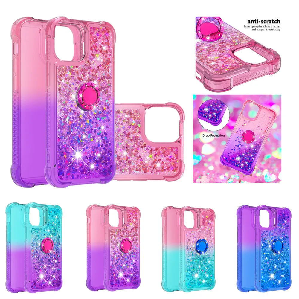 

Cute Gradient Dynamic Quicksand Glitter Case for Google Pixel 3a XL Funda Ring Holder Anti-fall Shockproof Phone Back Cover Capa