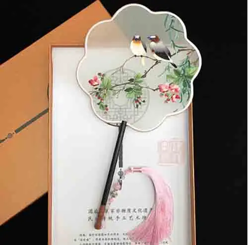 Роскошный китайский ручной фанат Hanfu Женский двусторонний веер с вышивкой и