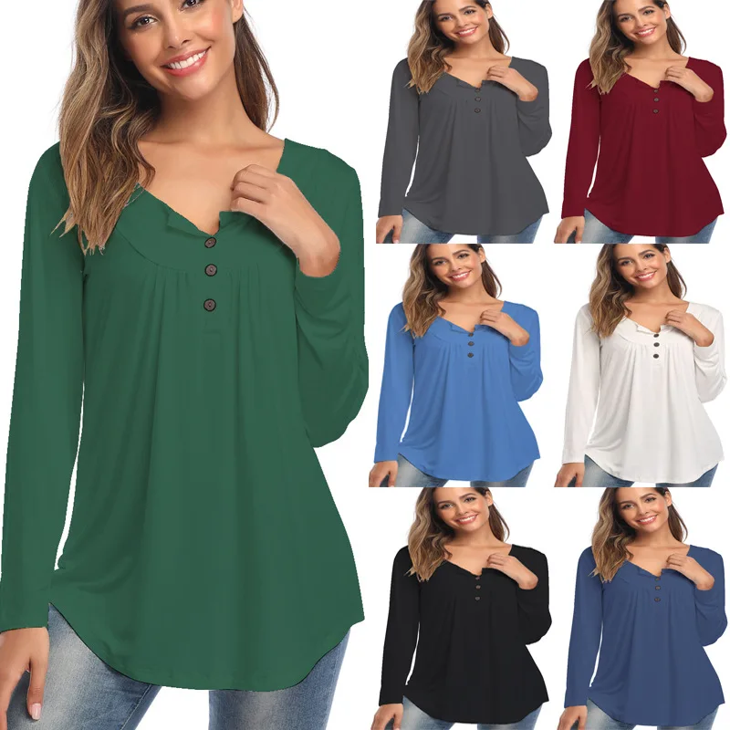 

Fall 2021 New Womens Tops V-neck Button Long-sleeved Tops Pure Color Pleated Casual Loose T-shirt Clothing Women Mujer Camisetas