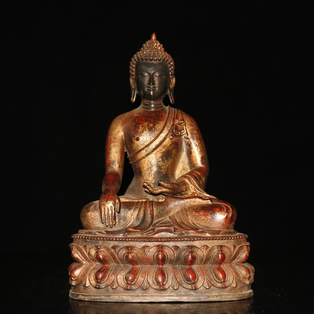 

13"Chinese Folk Collection Old Bronze Cinnabar Lacquer Shakyamuni Buddha Lotus Terrace Sitting Buddha Ornaments Town House