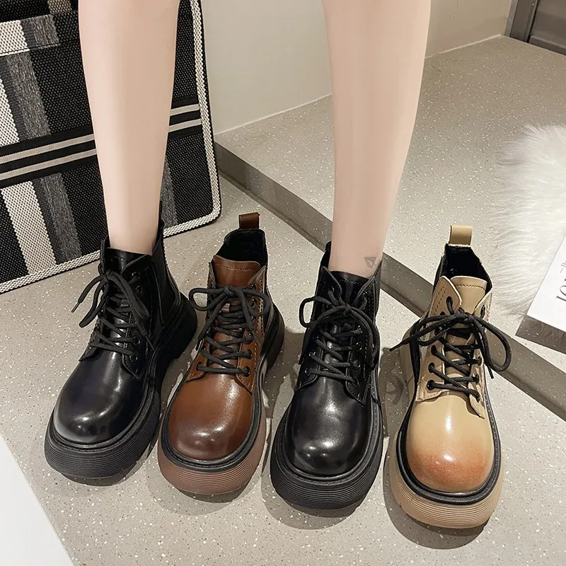 2021 autumn new retro British style fashion lace stretch boots women all-match thick-soled boots Zapatos De Mujer