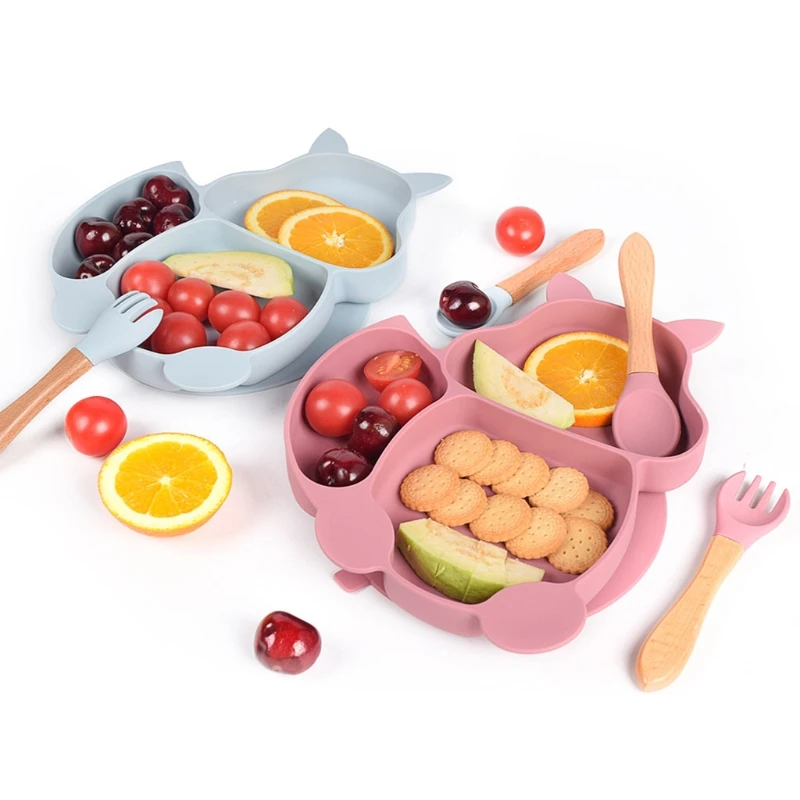 

Food Grade Silicone Squirrel Shape Baby Divided Feeding Plate with Spoon Fork Set Training Food Utensil Dinnerware