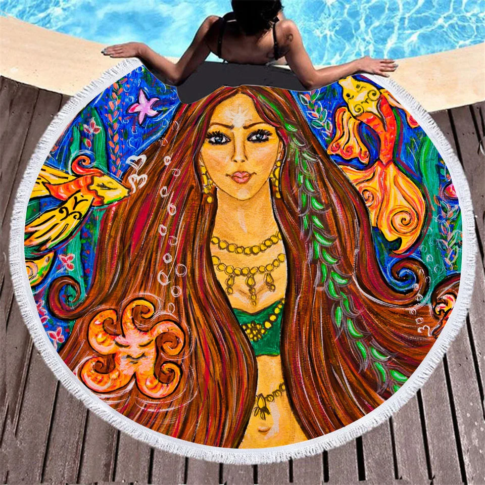 

Ancient Egyptian Women's Adult Print Microfiber Bath Towels Fashion Adult Swim Surf Quick Dry Round Beach Towel with Tassels
