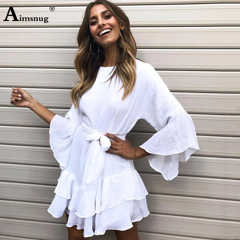 

2020 Summer Ladies Pleated Dress O-neck Three Quarter Petal Sleeve Casual Loose Dresses White Elegant Women Short Dress Femme