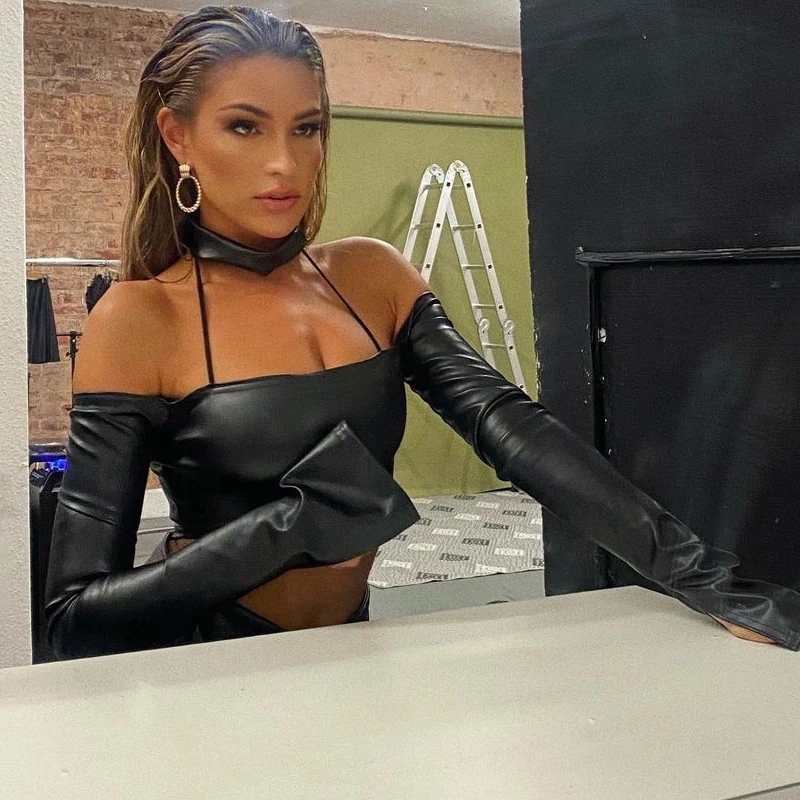 

Women Long Flare Sleeve Backless Cropped Top Female Summer Fashion Clothing 2021 Sexy Leather PU Halter Brown Crop Tops