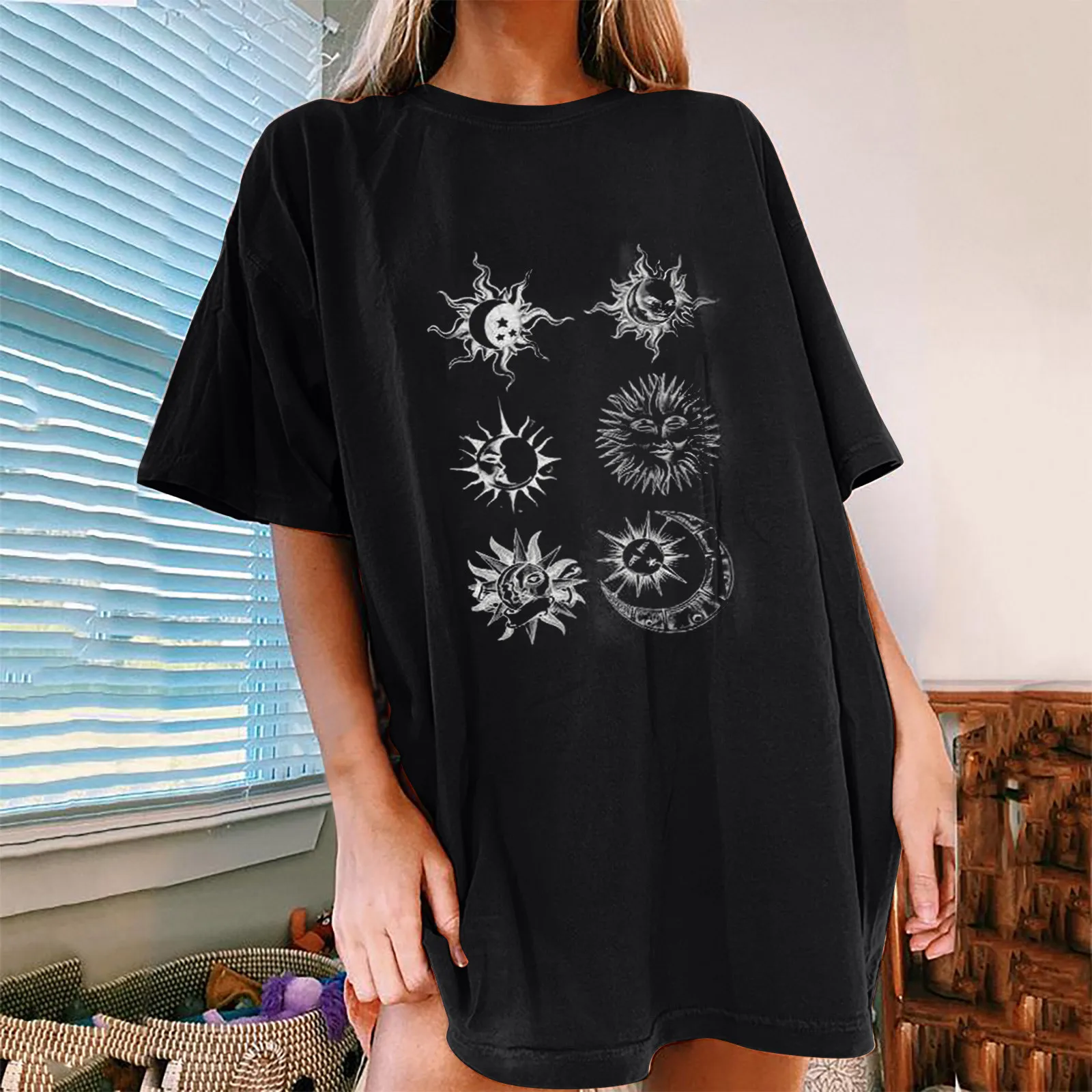 

Women's Vintage Sun And Moon Printed Pattern Casual Short Sleeve Tops Blouse Blusa de mujer Женская блузка Chemisier femme