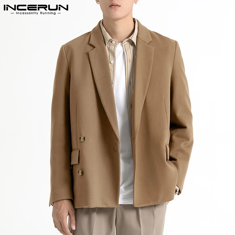 

INCERUN Korean Style New Men's Suits Twill Texture Solid Comfortable Flat Lapels Two Buttons Casual Streetwear Blazer S-5XL 2021