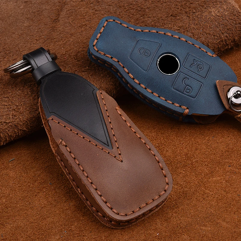 

Genuine Leather Car Remote Key Case Cover Holder Key Chain Keyring For Mercedes-Benz
