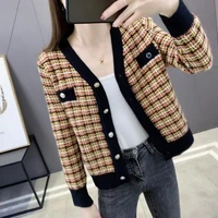 knitted cardigan womens spring and autumn new cropped tops korean style temperament contrast color plaid jacket sweater