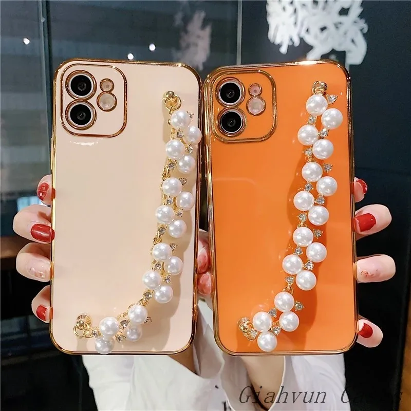 

Luxury Plating Pearl Diamond Bracelet Chain Soft Cases For Huawei Mate 30 40 Mate40 P40 Pro + Plus nova 7 7SE SE 8 Pro Cover