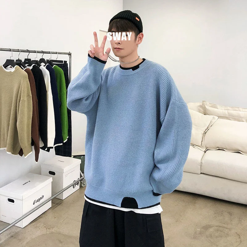 

Men's Sweater Korean Casual Sweater Men's Fashion Loose Fake Two-piece Sweater Men's Streetwear Pullover Long Sleeve Sweater