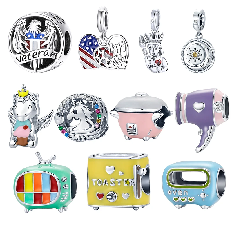 

WOSTU NEW 925 Sterling Silver Uicorn Moon Ameircan Eagle TV Oven Charms Pendant Fit Bracelets Women Fashion DIY Jewelry Gift