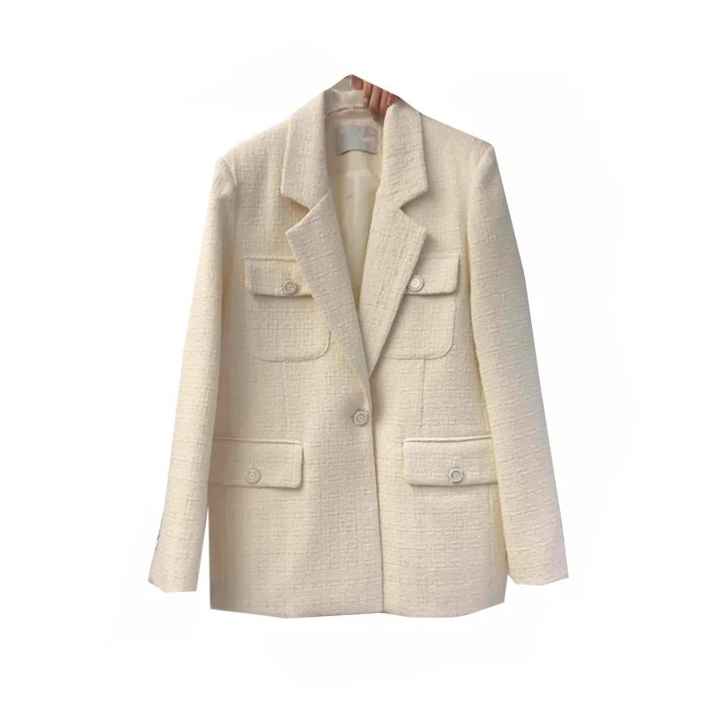 

IEQJ Women Korean style double pocket one button solid color Blazer New Long Sleeve Loose Jacket Fashion Tide Autumn 2021 3F1468