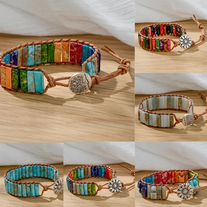 

Natural Stone Leather Wrap Beaded Bracelets Handmade Fashion 7 Chakra Men Women Flower Tree of Life Healing Yoga Bracelet