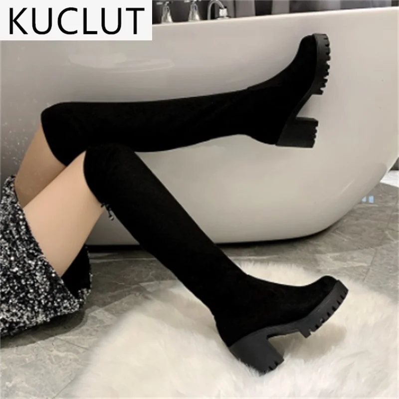 

2020 Winter Over-the-knee Women's Boots Stretch Fabric High-heel Overshoes Round Toe Women's Boots Waterproof Platform Square
