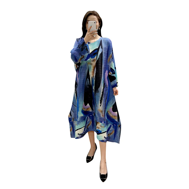 

SuperAen National Style Retro Plus Size Print O Neck A-Line Full Woman Dress
