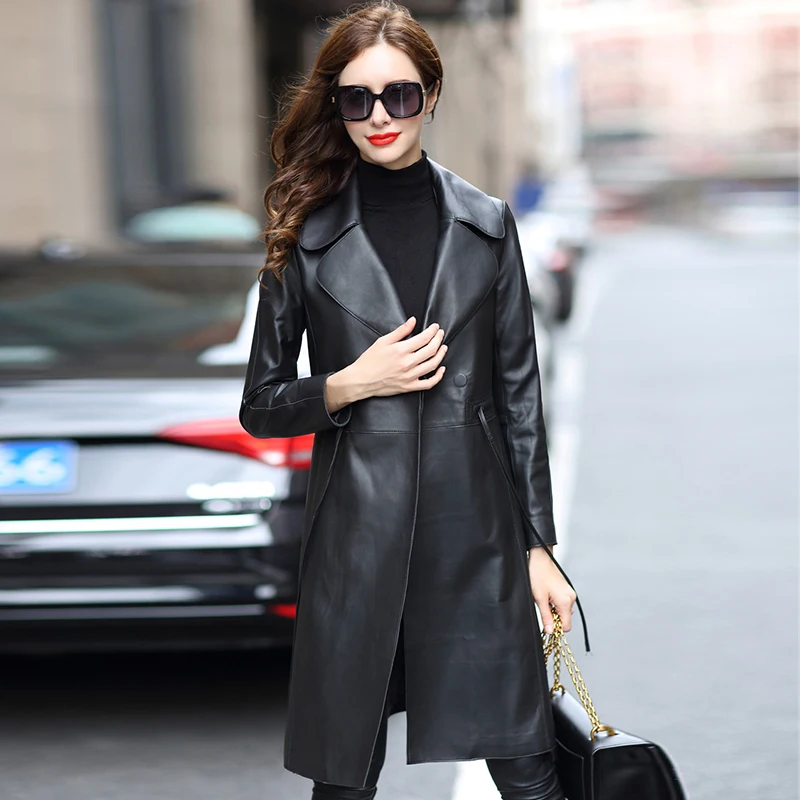 Lautaro длинный черный кожаный плащ женский с длинным рукавом осенние мягкие пальто