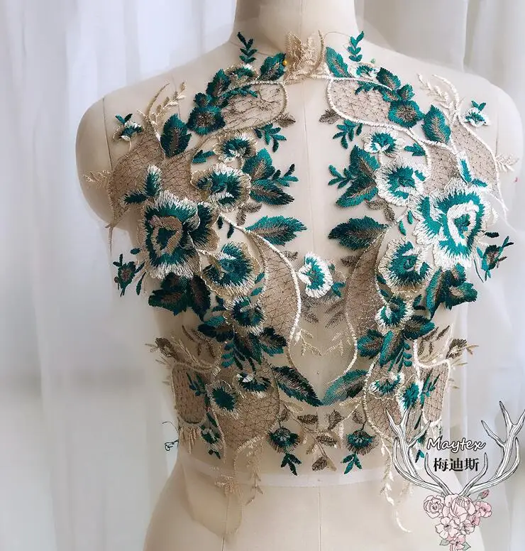 1 Piece Very High Quality Lace Fabric Green Gold Leaf Floral Embroidered Lace Applique DIY Wedding Dress Accessories Handmade