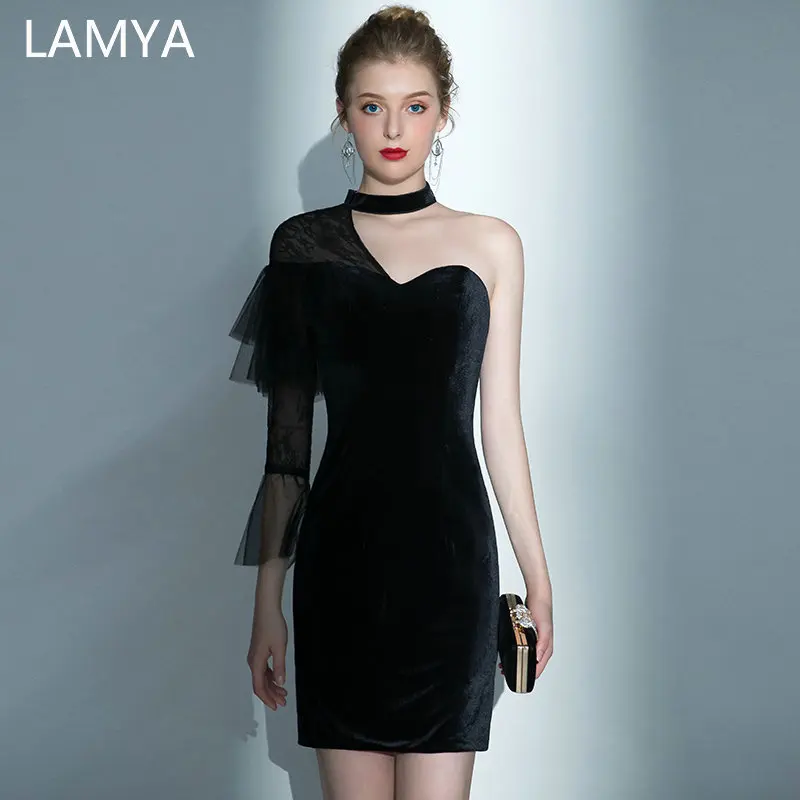 

LAMYA One Off The Shouler Prom Dresses Elegant Black Evening Party Dress With Sleeve Plus Size Formal Gown Robe De Soiree