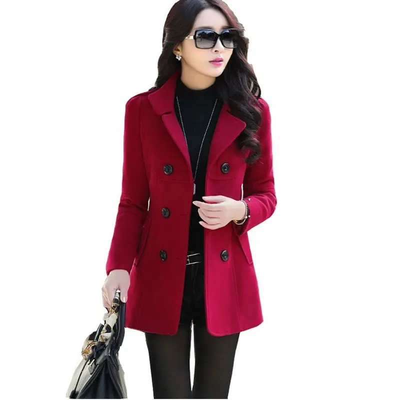 

Cheap Autumn Winter Coats New Fashion Women Medium Long Wool Coat jacket Double-breasted Slim Turn-down Collar Woolen Overcoat