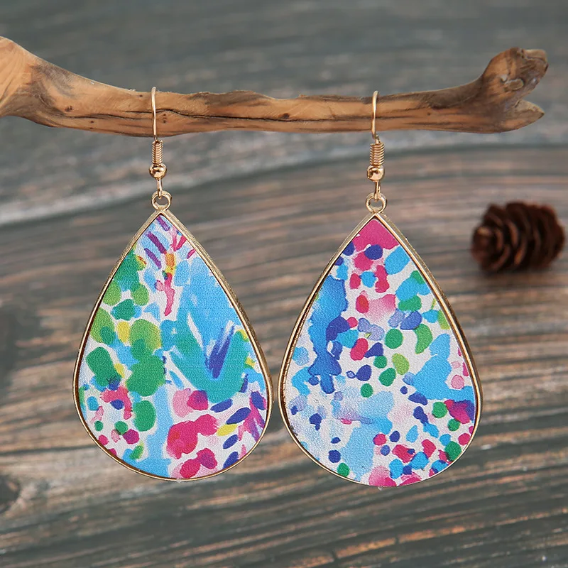 

European and American Jewelry Creative Drop-shaped Colorful Graffiti Alloy Leather Earrings Female Fashion Earrings Wholesale