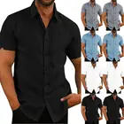 Рубашка мужская с короткими рукавами, льняная мешковатая блузка на пуговицах, однотонная Удобная Повседневная Свободная Праздничная рубашка из чистого хлопка и льна, на лето