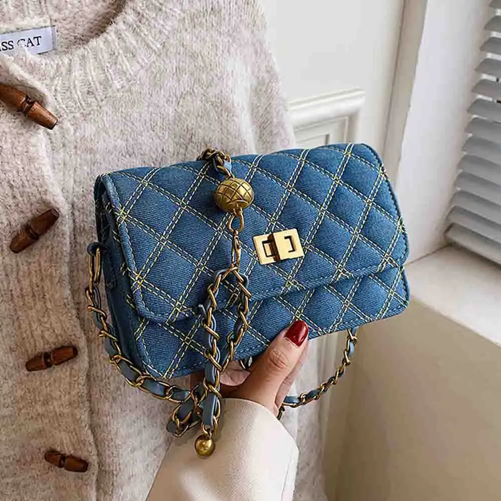 

Luxury Denim Cotton Fabric Small Shoulder Bag for Women Square Crossbody Handbags and Purses Female Chains Sac A Main 2021 New