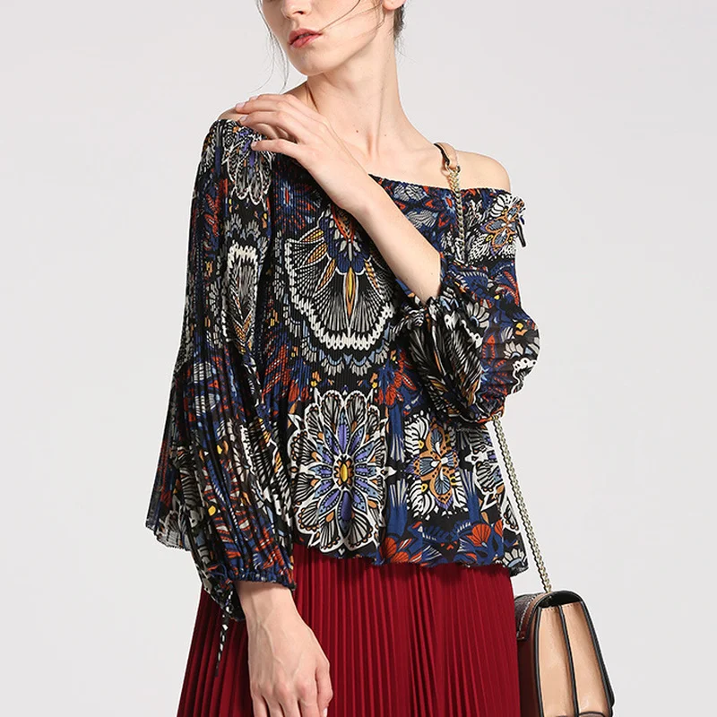 Printed Heavy Industry Special Pleated One-way Neck Long-sleeved Off-shoulder Top Women Shirt