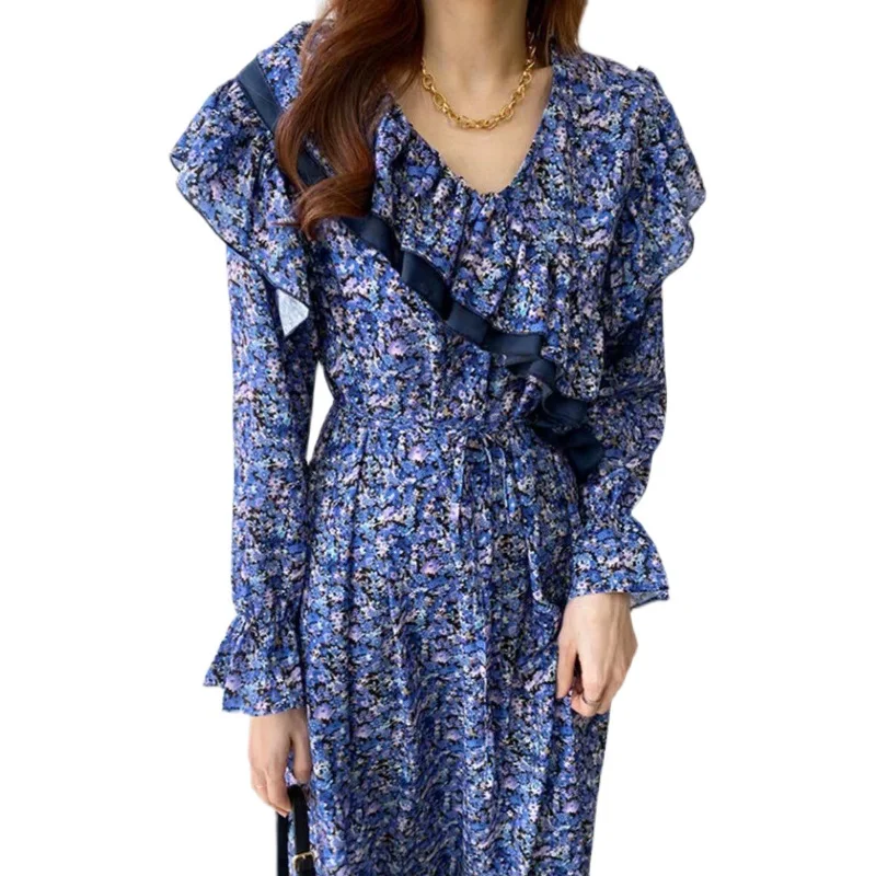 

COIGARSAM Vintage Ruffles Women dress Patchwork Loose Floral Print Flare Sleeve V-Neck Dresses Pink Blue 1559