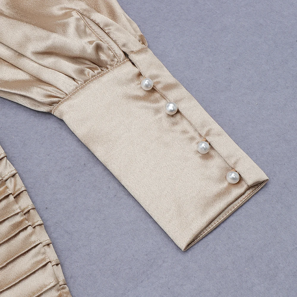 

PB Chic Champagne Satin Mini Dress Sexy Key Hole Design Lantern Sleeves Striped Celebrity Party Club Vestido Free Shipping