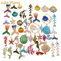 julie wang 10pcs enamel marine organism charms alloy random mixed mermaid shell fish necklace bracelet jewelry making accessory