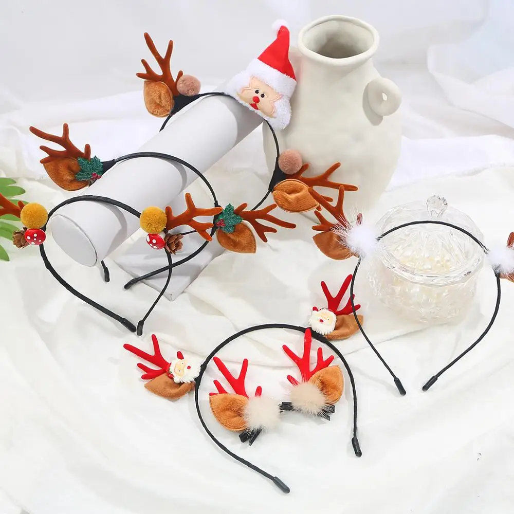 Очаровательная ободочка с оленьими рогами для девочек, детские резинки для волос с изображением Санта-Клауса, аксессуары для волос с оленями, шнурки, подарок на Рождество.