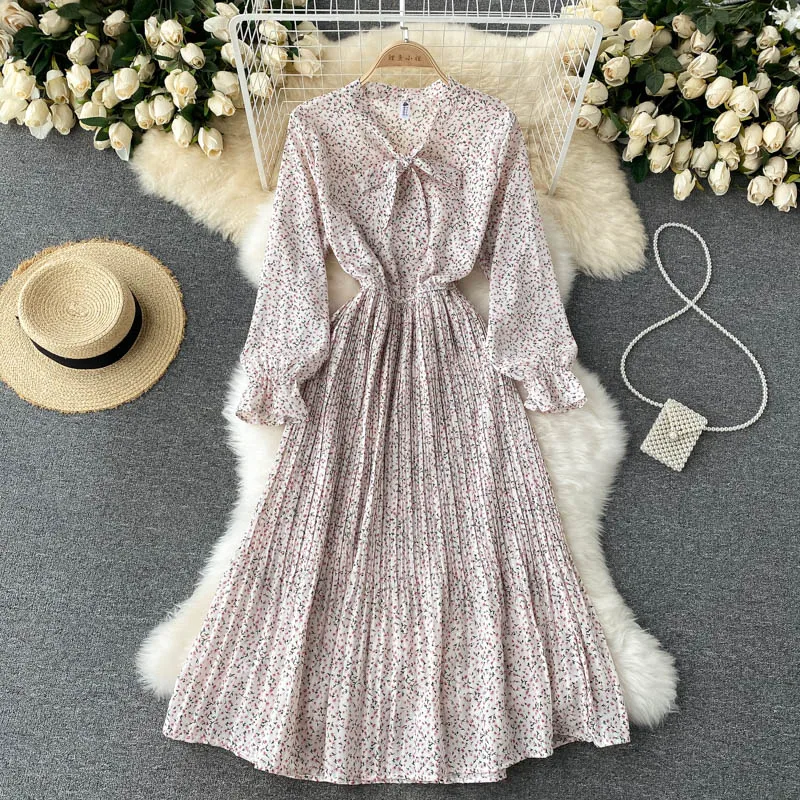 

Croysier Spring Autumn Dresses For Women Tie Bow Neck Long Sleeve Chiffon Midi Dress Elegant Vintage Floral Print Pleated Dress