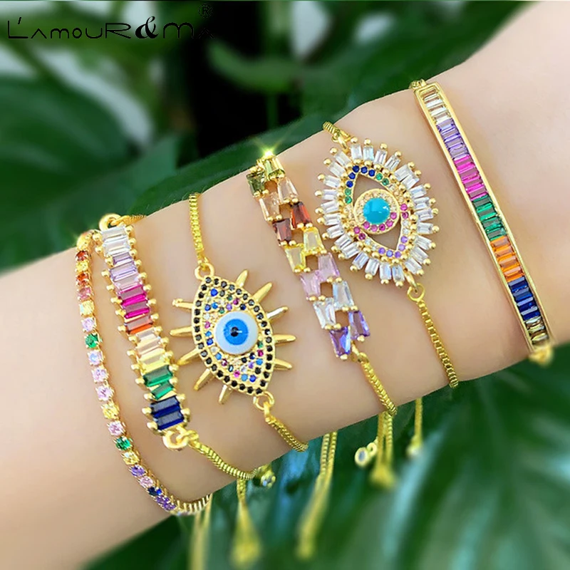 

L 'Amour&Ma Vintage Fashion Rainbow Zirconia Devil's Eye 24K Gold Turkish Bracelets, Cuban Style, For Women Party Jewelry Gift