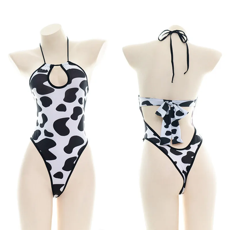 

Women' Sexy Sukumizu Swimwear Lolita Girl Cow Black White Print Halter Sleepwear Backless Nightwear Cosplay Private Bodysuit