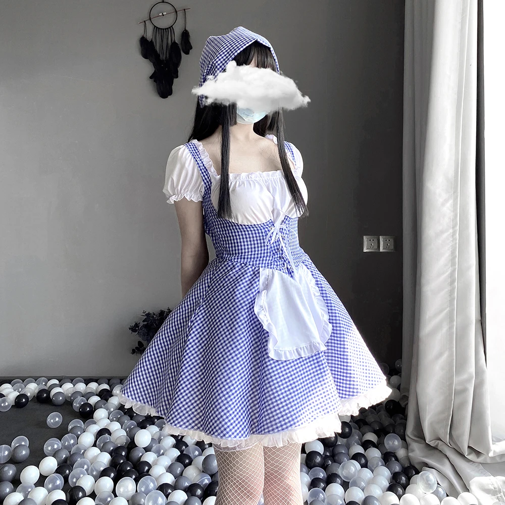 

Japanese Anime Maid Dress Cosplay Sweet Lolita Fancy Apron Set Blue Lattice Coffee Bar Costumes Outfit Lingerie Erotic Role Play