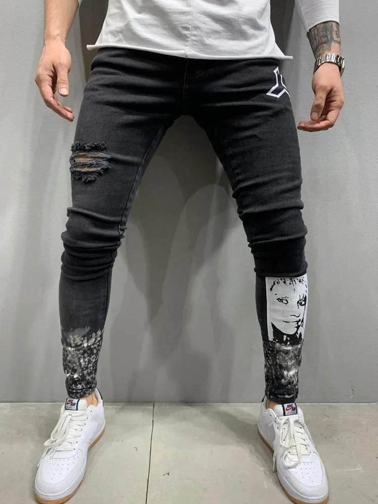 2021 Горячая Зауженные джинсы Для мужчин рваные печатающей головки стрейч джинсовые штаны с эластичной резинкой на талии большой Размеры Евр...