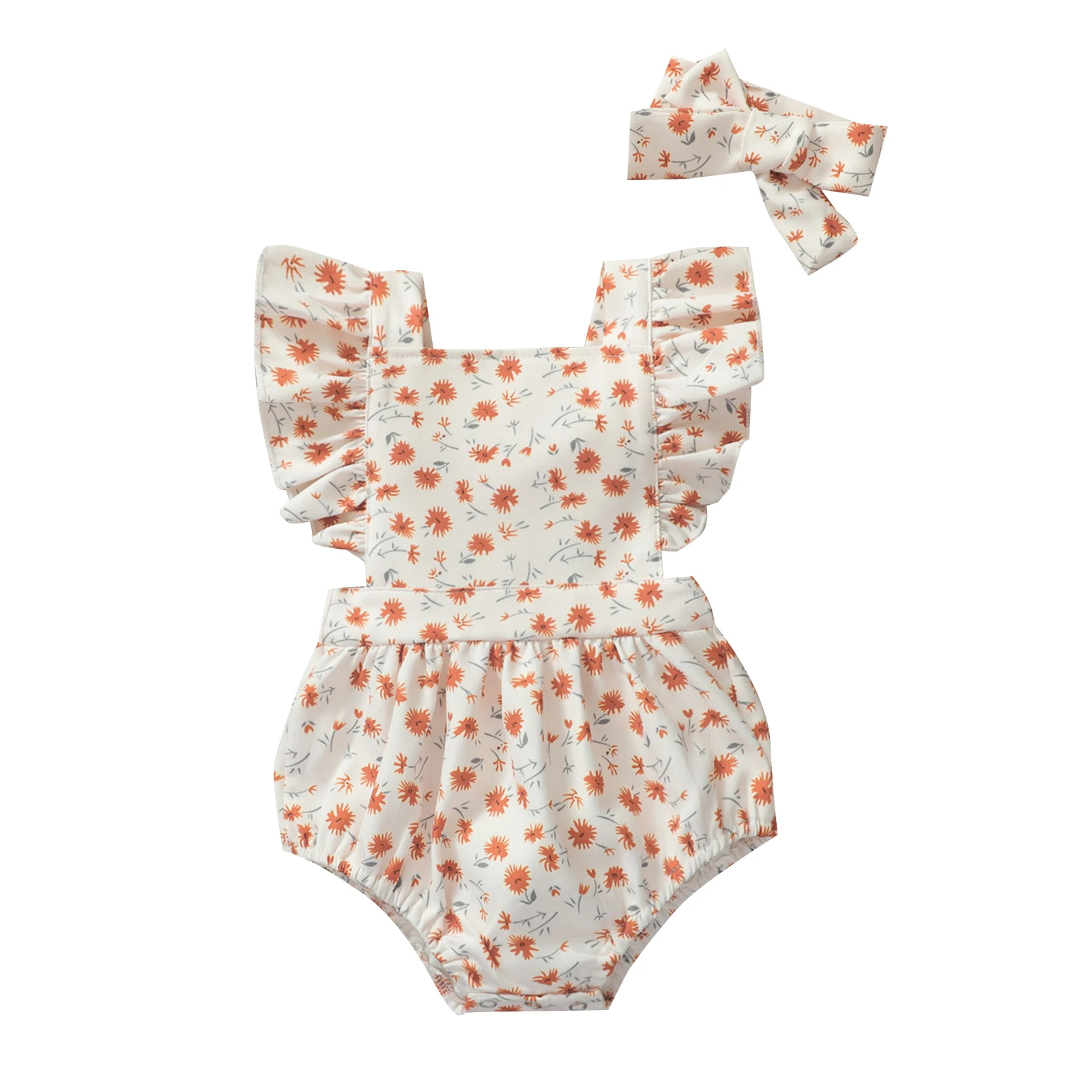 

Baby Girls Clothes Casual Fly Sleeve Kids Romper Fashion Floral Bandage Ruffles Jumpsuits And Headband Children's Clothing Sets