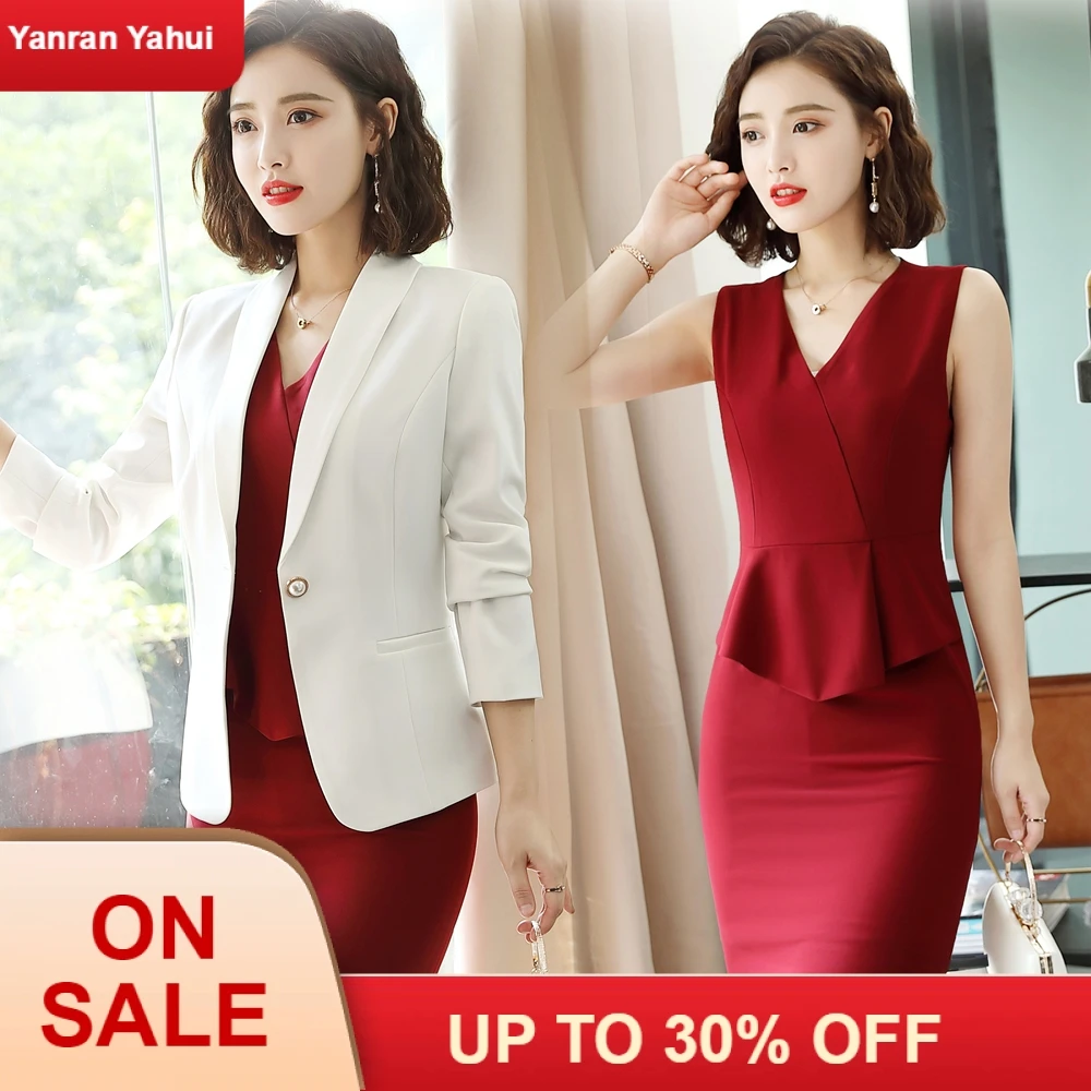 2019 белый костюм + платье двухсекционная юбка Женский офисный женские офисные