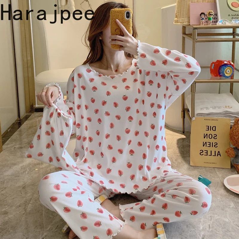 

Harajpee Women Pajamas 2021 Spring Autumn Korea Sweet Ladies Cute Princess Style Long-Sleeved Trousers Cotton Thin Home Wear