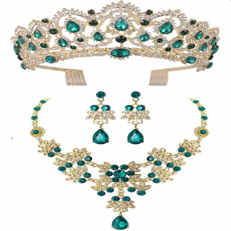 3Pcs Green Set Барокко Винтаж золото Красный Зеленый Синий Кристалл Свадебные Ювелирные наборы ожерелье серьги корона с гребнем африканские бусы Ювелирные наборы - Окраска металла: 3Pcs Green Set