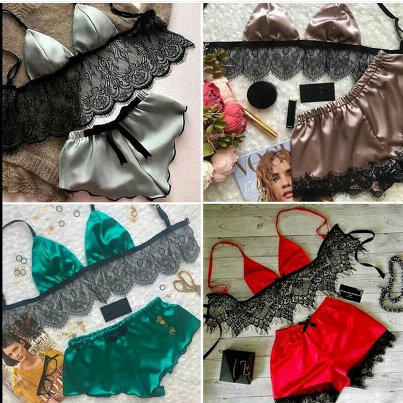 

New Women's Sleepwear Sexy Strap Nightwear Satin Pajama Set Lace V-Neck Pyjamas Sleeveless Top And Shorts Strap Nightie Kit