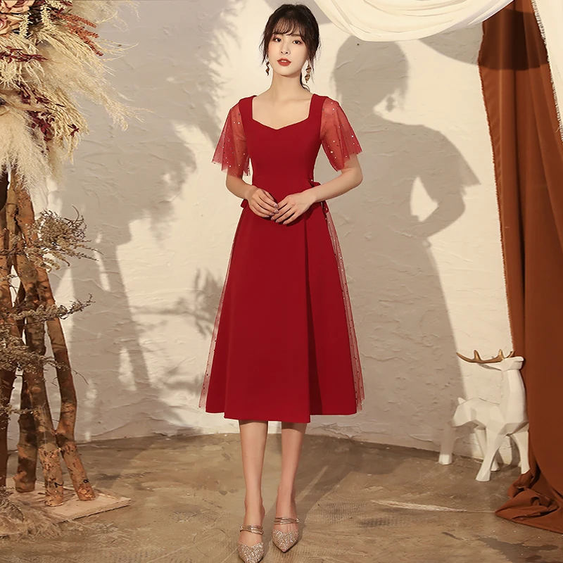 

Strapless Burgundy Simple Prom Dress A-Line Lace Sequins Short Sleeves Elegant Ruched Knee-length New Formal Gown For Women D538